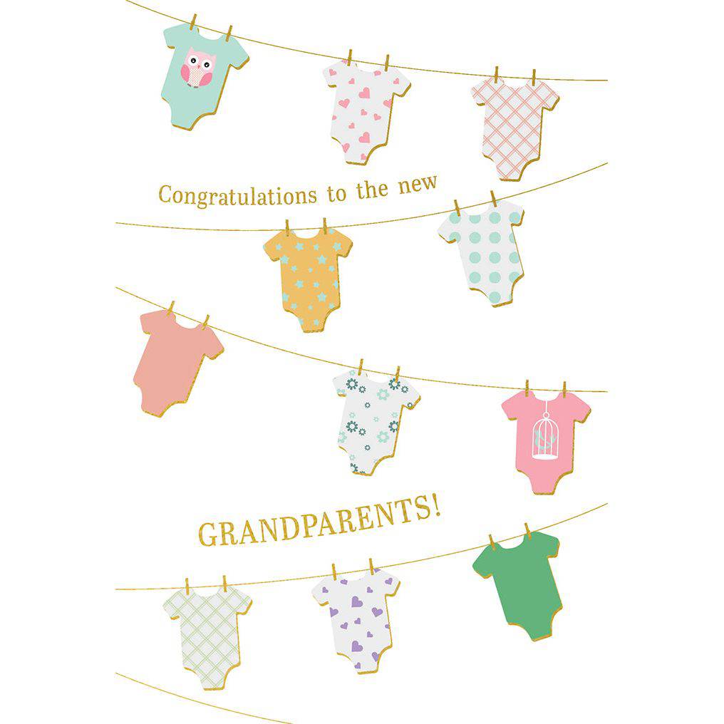 Pictura baby onesie card for new grandparents, featuring cute animal illustrations and heartfelt message for special occasion.